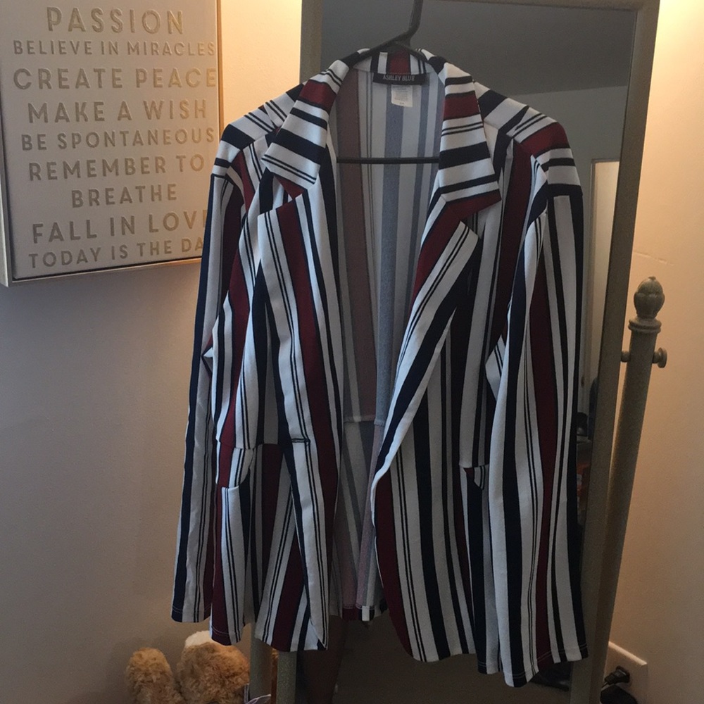 Red wine blue and white jacket